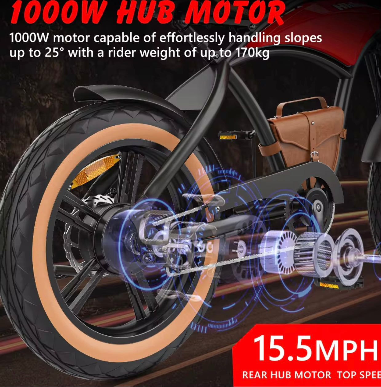 Motor eléctrico de 1000W de la HIDOES E-10, capaz de alcanzar velocidades de hasta 45 km/h con gran eficiencia y potencia en subidas.